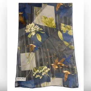 Salvatore Ferragamo 100% Silk long thin Scarf Birds Floral Print Made in Italy